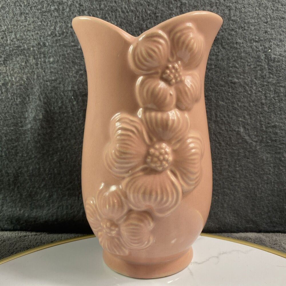 Vintage Pink Glazed Ceramic Vase 8" 3D Dogwood Flower Floral Relief Design #699